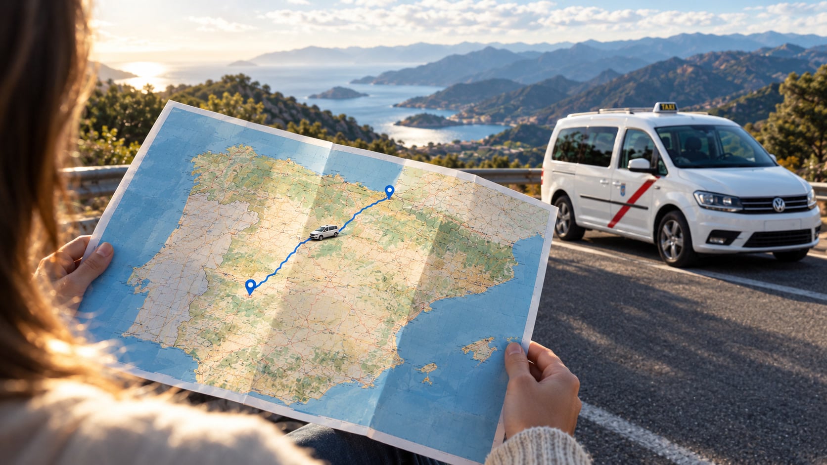 Viajera mirando un mapa de España con la ruta marcada junto al taxi de 6 plazas